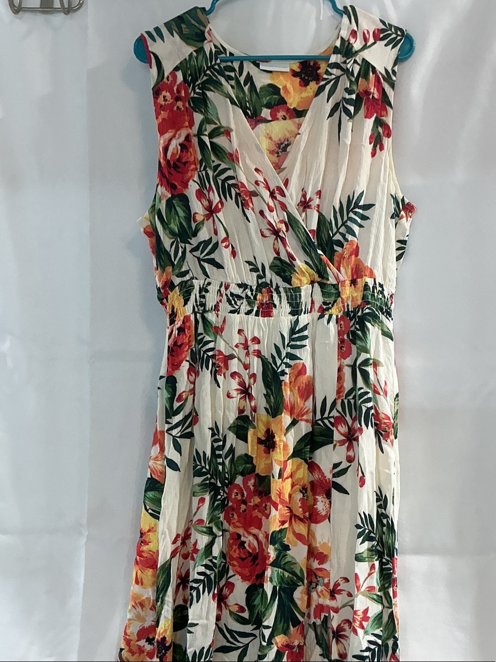 New York & Company White Maxi Dress with Red, Yellow & Green Floral Print